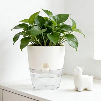 Preview: 6er-Set Blumentopf selbstbewässernd 18.5cm aus Kunststoff: modernes Pflanzgefäss mit Bewässerungssystem - Wasserspeicher & Docht für Zimmerpflanzen