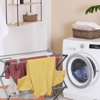 Preview: Stendibiancheria a torre pieghevole, grigio - torre stendibiancheria salvaspazio e stendino da pavimento in metallo - 6 livelli, stabile e compatto per piccoli ambienti