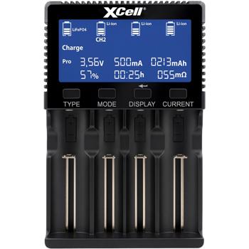 Universal fast battery charger with 4 charging bays for Li-Ion, Ni-MH, LiFePO4 – LCD display, USB‑C, discharge function & test for 18650 AA AAA batteries