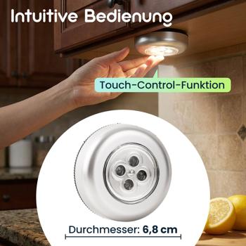 Preview: Helle LED-Unterbauleuchten 3er-Set mit Touch-Control, batteriebetriebene Schrankleuchten, selbstklebend - kabellose Push-Lights für Schränke