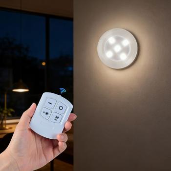 Preview: Lampes LED sous meuble set de 6 avec télécommande et touche – à piles, dimmables, blanc neutre – spots auto‑adhésifs avec minuterie Ø9x2cm 3W