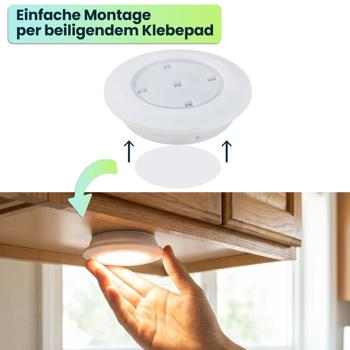 Preview: LED Unterbauleuchten 3er Set mit Fernbedienung & Touch - Batteriebetrieben Dimmbar Neutralweiss - Selbstklebende Spotlights mit Timer Ø9x2cm 3W