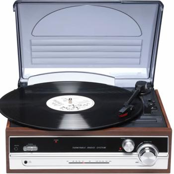 Retro Plattenspieler in Holz-Optik mit FM-Radio & eingebauten Lautsprechern - Vintage Schallplattenspieler & edles Musik-System für erstklassigen Sound