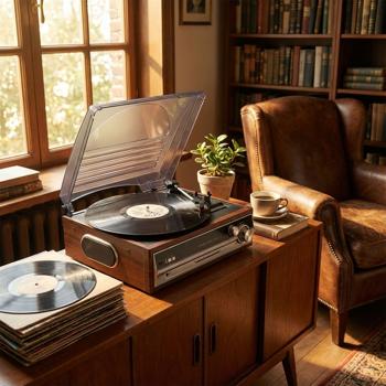 Preview: Retro Plattenspieler in Holz-Optik mit FM-Radio & eingebauten Lautsprechern - Vintage Schallplattenspieler & edles Musik-System für erstklassigen Sound