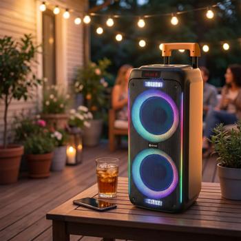 Enceinte de fête Bluetooth mobile 600W : enceinte trolley avec 6 effets lumineux LED, TWS, 2x8“ woofers & microphone – puissante boîte à musique sur batterie
