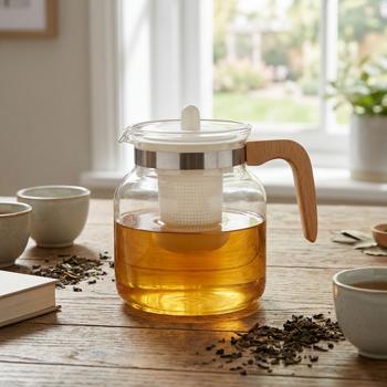 Elegant glass teapot 1.5L with wooden handle, heat-resistant borosilicate glass, white tea maker & infuser – Modern & large