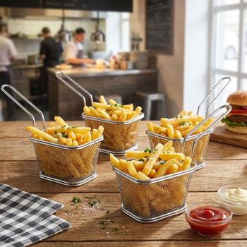 Set di 4 eleganti mini cestini da portata cromati – piccolo cestino per patatine, cestino in filo metallico per la presentazione di snack – robusto cestino a rete con manico