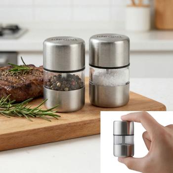 Set of 2 mini stainless-steel salt and pepper mills with ceramic grinder – spice mill for salt, pepper, herbs – acrylic glass viewing window – silver