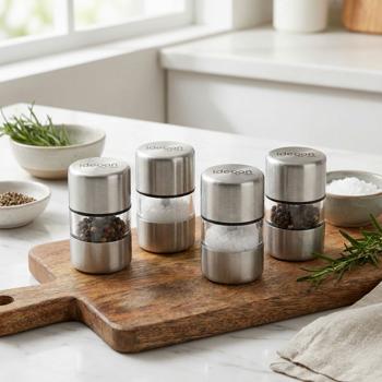 Preview: Set of 4 mini salt and pepper mills made of stainless steel with ceramic grinder – spice mill for salt, pepper, herbs – acrylic viewing window – silver