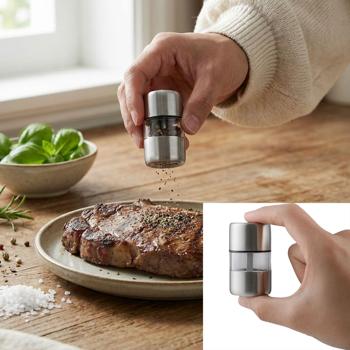 Preview: Set of 4 mini salt and pepper mills made of stainless steel with ceramic grinder – spice mill for salt, pepper, herbs – acrylic viewing window – silver