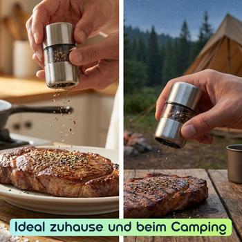 Preview: 4er-Set Mini Salz- Pfeffermühle Set aus Edelstahl mit Keramikmahlwerk - Gewürzmühle für Salz Pfeffer Kräuter - Acrylglas Sichtfenster - Silber