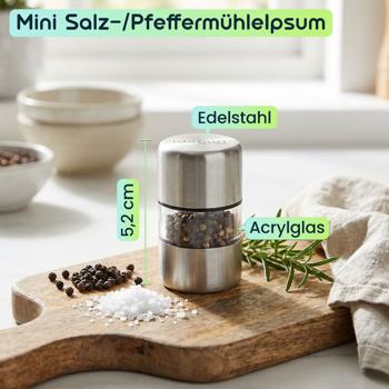 Preview: 4er-Set Mini Salz- Pfeffermühle Set aus Edelstahl mit Keramikmahlwerk - Gewürzmühle für Salz Pfeffer Kräuter - Acrylglas Sichtfenster - Silber