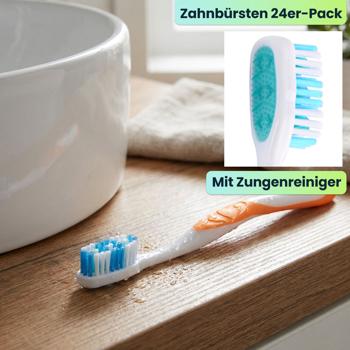 Preview: Zahnbürsten 24er-Pack mit Zungenreiniger – Ultra-Soft Handzahnbürsten Set in 4 Farben für die Familie – Rutschfester Griff für optimale Pflege