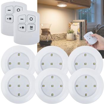 Lampes LED sous meuble set de 6 avec télécommande et touche – à piles, dimmables, blanc neutre – spots auto‑adhésifs avec minuterie Ø9x2cm 3W