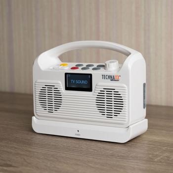 Preview: Altoparlante TV wireless: aiuto all’ascolto mobile per televisore – stazione base, Bluetooth, LCD, radio, SOS e connessione ottica – perfetto per anziani