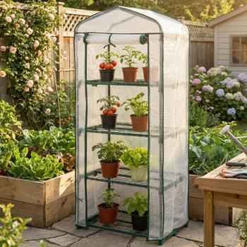 Plastic film greenhouse 49x69x160 cm with 4 levels, stable propagation house with 120gsm PE mesh film, roll-up door, steel frame & plug-in system for balcony and garden