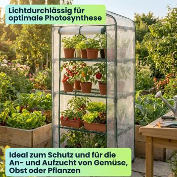 Preview: Folien-Gewächshaus 49x69x160 cm mit 4 Ebenen, stabiles Pflanzenanzuchthaus mit PE-Gitterfolie 120gsm, Rolltür, Stahlgestell & Stecksystem für Balkon und Garten