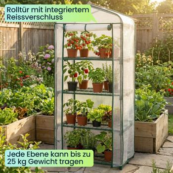 Preview: Folien-Gewächshaus 49x69x160 cm mit 4 Ebenen, stabiles Pflanzenanzuchthaus mit PE-Gitterfolie 120gsm, Rolltür, Stahlgestell & Stecksystem für Balkon und Garten