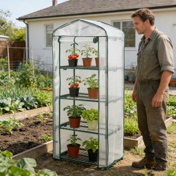 Preview: Plastic film greenhouse 49x69x160 cm with 4 levels, stable propagation house with 120gsm PE mesh film, roll-up door, steel frame & plug-in system for balcony and garden