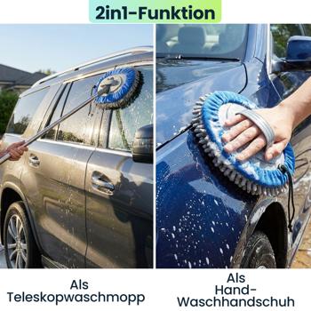 Preview: Multifunktions-KFZ Wischmopp mit 160cm Teleskopstange, 180 Grad Gelenk & 2 Chenille Mikrofaser Aufsätzen für PKW, LKW, Wohnmobil & Wohnwagen