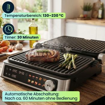 Preview: Vielseitiger Kontakt-Grill mit Farbdisplay & 2 Zonen: Leistungsstarker Elektrogrill für Steak, Sandwich, Fisch & Gemüse – Perfekter Tischgrill