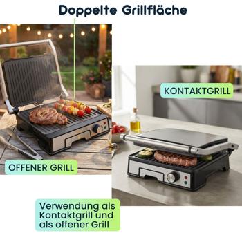 Preview: Leistungsstarker Kontaktgrill mit 2000W und Antihaftbeschichtung – Ideal als praktischer Tischgrill für saftige Steaks und Sandwiches