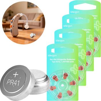 Pack of 24 hearing-aid batteries type 312 A312 (PR41, ZL3, R312AE) – 1.4 V button cells with 180 mAh capacity – reliable energy with brown coding