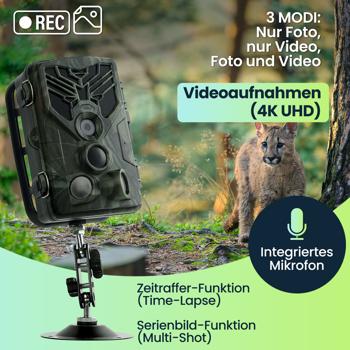 Preview: 4K-UHD-Wildkamera mit 2 PIR Bewegungsmeldern, Smartphone Live Übertragung, Nachtsicht mit 42 IR LEDs, Farbmonitor, WLAN, Stand-by 8 Monate, IP65