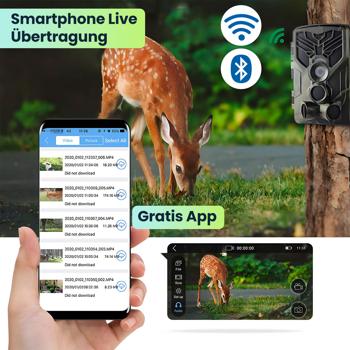 Preview: 2er-Set 4K-UHD-Wildkamera mit 2 PIR Bewegungsmeldern, Smartphone Live Übertragung, Nachtsicht mit 42 IR LEDs, Farbmonitor, WLAN, Stand-by 8 Monate, IP65
