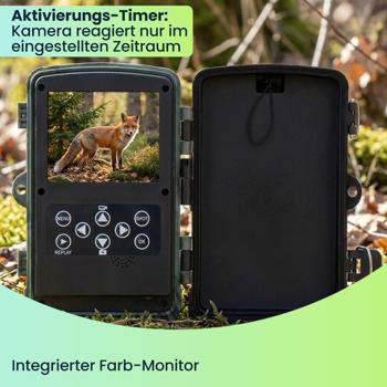 Preview: 2er-Set 4K-UHD-Wildkamera mit 2 PIR Bewegungsmeldern, Smartphone Live Übertragung, Nachtsicht mit 42 IR LEDs, Farbmonitor, WLAN, Stand-by 8 Monate, IP65