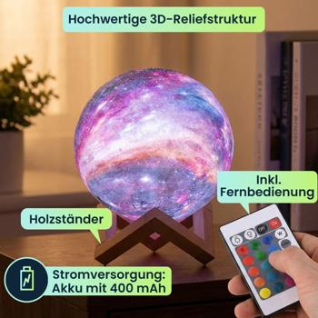 Preview: 2er-Set 3D Galaxy Mond Lampe 15cm mit 16 Farben – Dimmbare LED Mondlampe inklusive Fernbedienung und Holzständer - Akku Nachtlicht & Deko