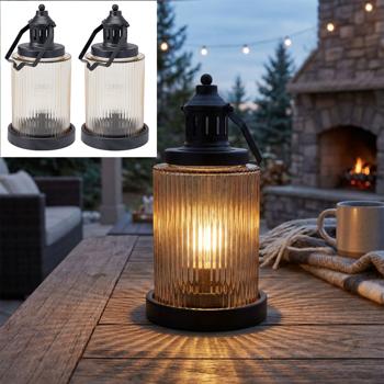 2er-Set Stilvolle LED Laterne Glas Amber 14,5x27,5 cm, Schwarz, Metall – Edle Retro Dekoleuchte mit Timer für gemütliches Balkon & Garten Deko
