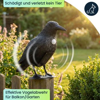 Preview: 2er-Set Realistische Vogelabwehr Krähe mit Sound: Batteriebetriebener Raben Vogelschreck für effektive Vogelabwehr. Natürliche Krähengeräusche zur Abschreckung