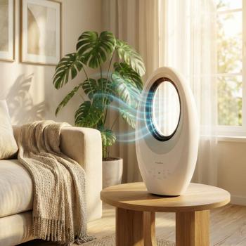 Preview: Ventilateur de table sans pales blanc – ventilateur colonne sûr avec oscillation 60°, lumière 4 couleurs, minuterie & télécommande, puissance 50 W