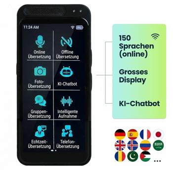 Preview: Revolutionärer Echtzeit-Übersetzer: 150 Sprachen, Sofort-Übersetzung, Text- & Sprachfunktion, Währungsrechner, grosses Display, KI-Chatbot