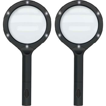 Preview: 2er-Set LED Leselupe: 2x Vergrösserung, 9cm Glaslinse, Profi Handlupe beleuchtet, ideal für Senioren, Hobby & Basteln - Seh- & Lesehilfe