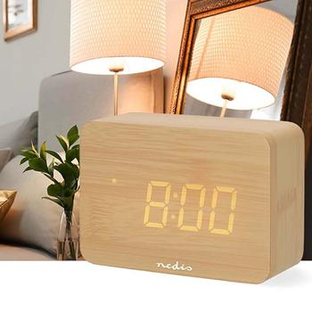 Preview: Elegant digital alarm clock in wood look: compact table alarm clock with LED display, thermometer, USB & battery – ideal for bedside table, office & travel