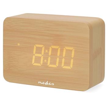 Preview: Elegant digital alarm clock in wood look: compact table alarm clock with LED display, thermometer, USB & battery – ideal for bedside table, office & travel