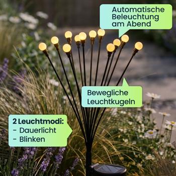 Preview: Solar Glühwürmchenlicht für Garten: 12 bewegliche Leuchtkugeln mit 2 Modi, Erdspiess für stimmungsvolle Gartenbeleuchtung, 65 cm Höhe, wetterfest & dekorativ