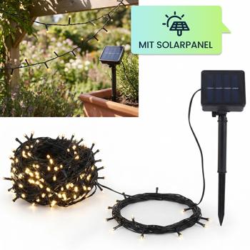 Preview: Solar Lichterkette mit 100 warmweissen LEDs für den Aussenbereich: 12,5m Gesamtlänge, automatischer Dämmerungssensor, ideal für Garten, Balkon & Terrasse