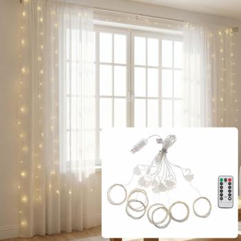 Preview: Lot de 2 élégants rideaux lumineux LED 3 x 3 m, 300 LED blanc chaud chacun : télécommande, 8 modes, intensité réglable, minuteur & USB, pour fêtes, mariages & déco d’intérieur