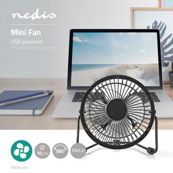Preview: Ventilateur de table USB compact en métal noir, mini ventilateur pour bureau et ordinateur portable, orientable à 360°, robuste et efficace, 3 W, USB-A