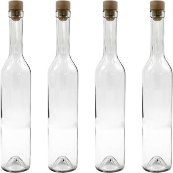 Set of 4 glass bottles 500 ml with cork stopper – transparent glass liqueur bottles for filling & storage, reusable