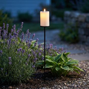 Preview: Set di 4 candele solari LED con picchetto e luce gialla tremolante – decorazione da giardino per esterno, illuminazione bella e d’atmosfera a energia solare
