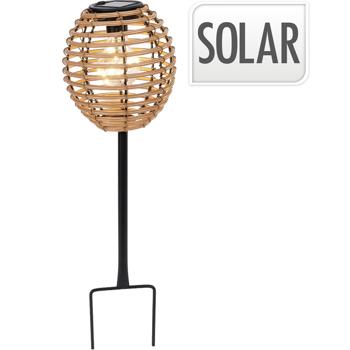 Preview: Elegante Solar-Steckleuchte für Garten & Terrasse: Robuste LED Solarlampe mit Metallstab, Rattan-Optik für stimmungsvolle Wege