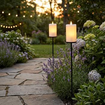Set di 2 candele solari LED con picchetto a fiamma gialla tremolante: decorazione da giardino per esterno, bella illuminazione per l’outdoor – lampada solare d’atmosfera