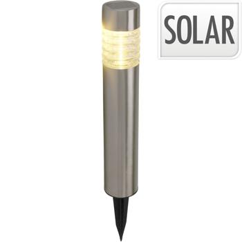 Preview: Solarleuchte aus Edelstahl: Gartenleuchte warmweiss mit Erdspiess, LED Aussenleuchte wetterfest - moderne Solarlampe für Garten