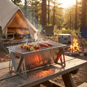 Mini gril à charbon portable en acier inoxydable, gril de camping compact 28 x 15 cm, gril de pique-nique pliant emboîtable, incl. sac de transport pour l’outdoor