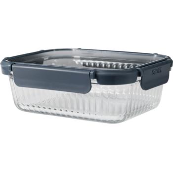Preview: Borosilicate glass food storage container with 1480 ml – Elegant ribbed glass with secure plastic lid and 4-way clip closure for long-lasting freshness