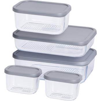 Preview: 5-piece food storage container set made of borosilicate glass – oven-safe with grey lids – 2x300ml, 750ml, 1200ml, 1700ml for fresh supplies and meal prep